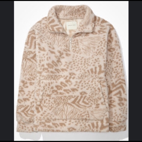 AE Tan & White Sherpa 1/4 Zip Sweater, Size S - Picture 1 of 5